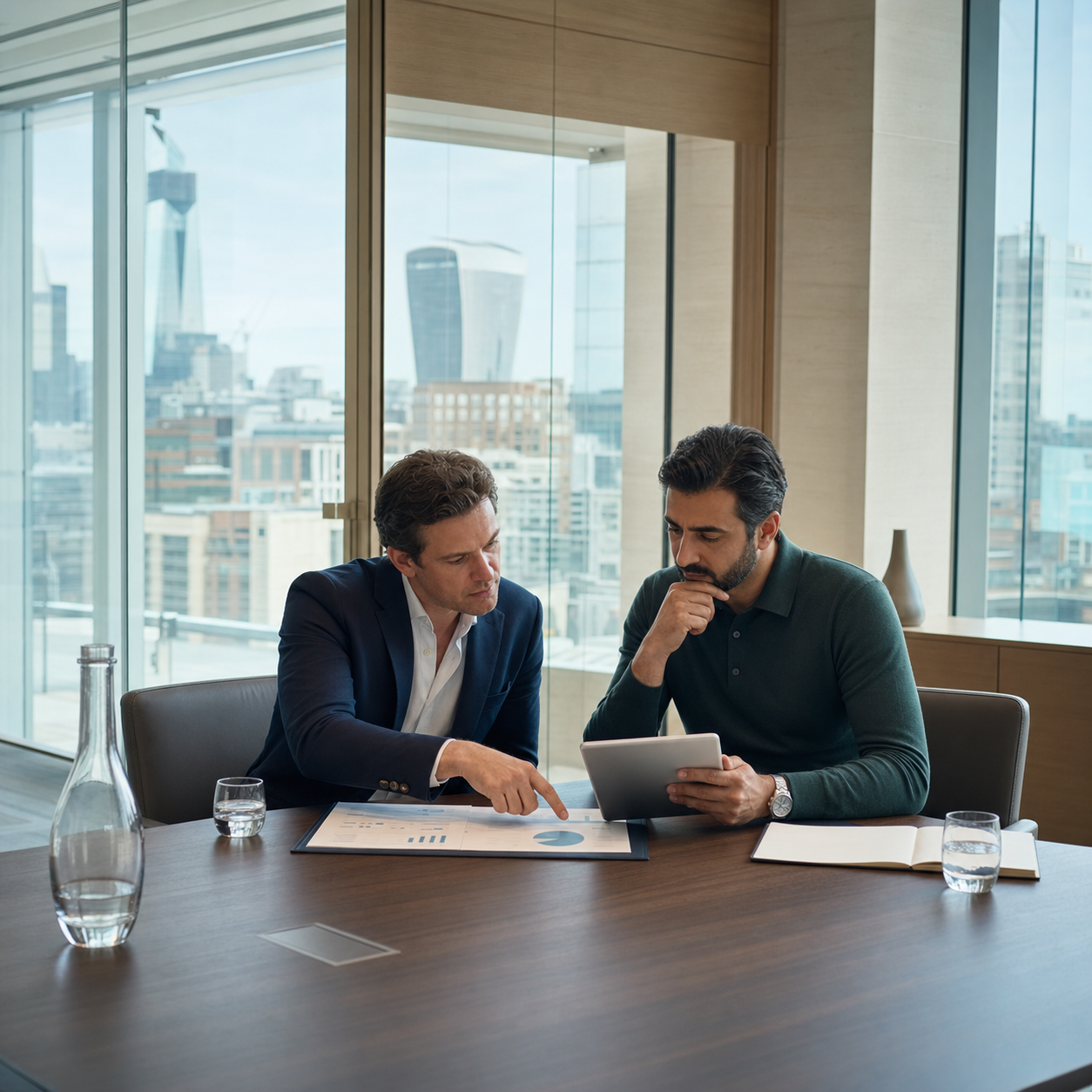 Two financial-market professionals reviewing evidence together in a private London meeting room