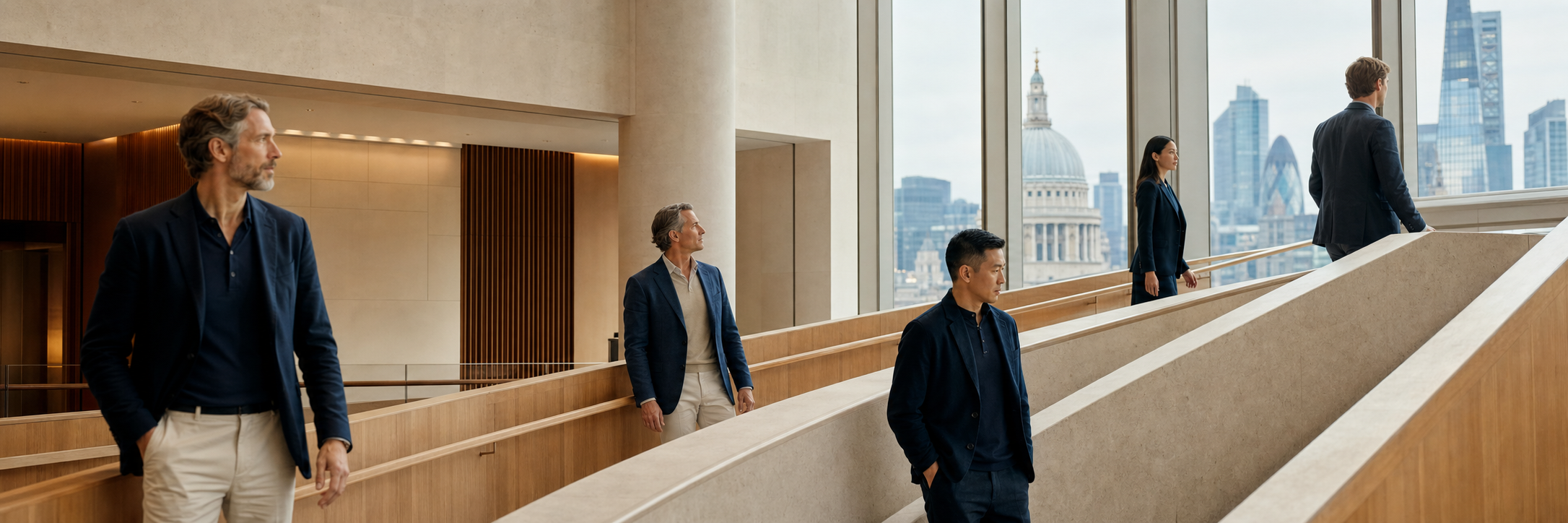 International financial professionals moving through a modern London institutional interior, representing professional growth through experience