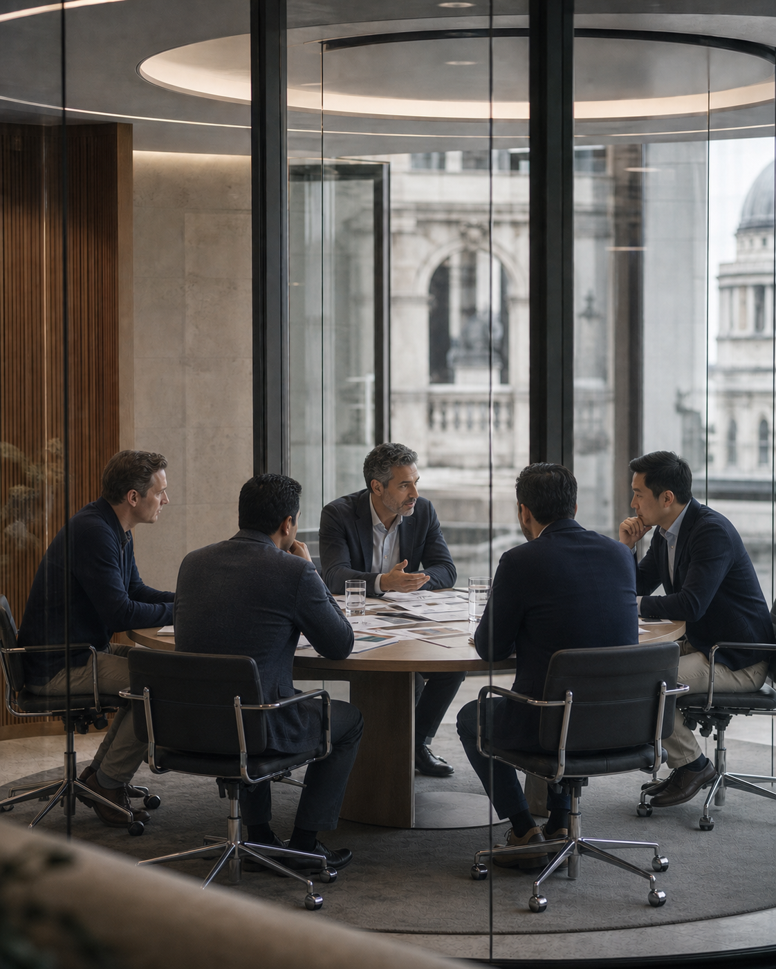 Five international male committee members conducting an independent professional review in a transparent council room