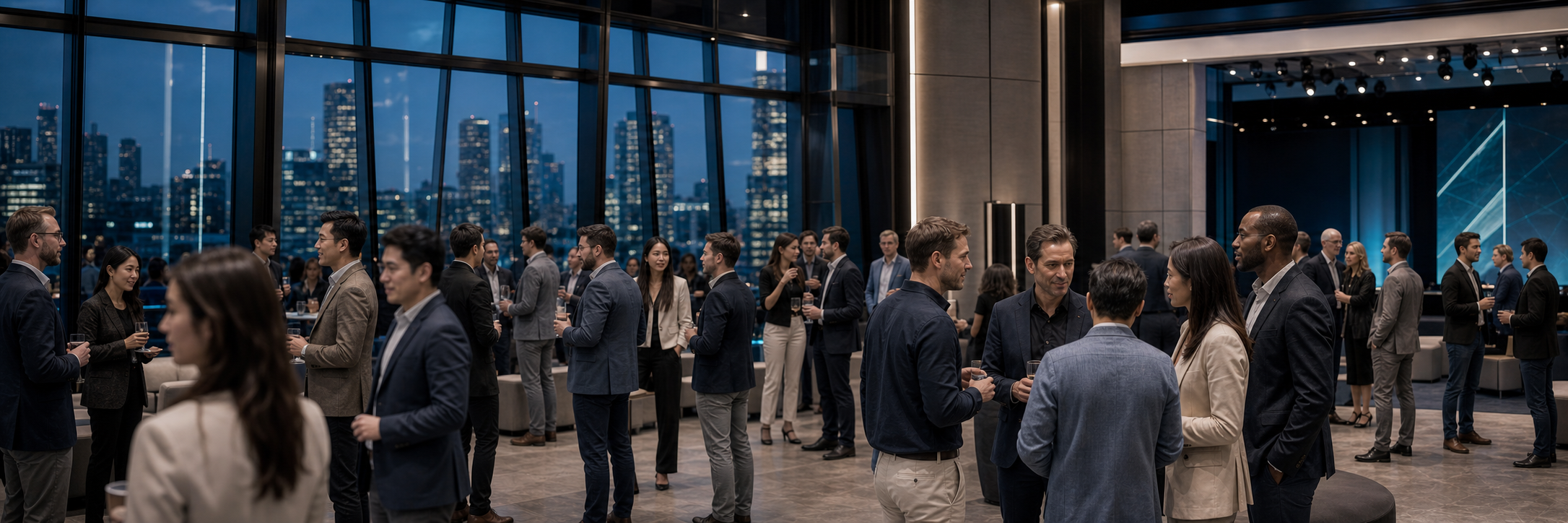 A modern international community of professionals networking at a London rooftop conference