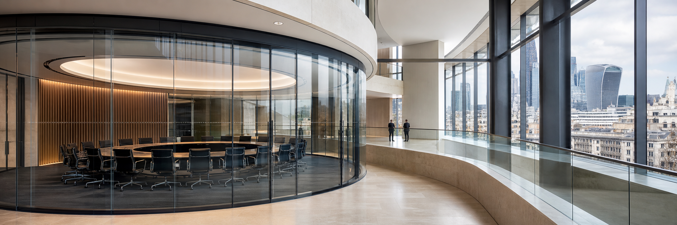 A transparent circular council room within a contemporary London institution
