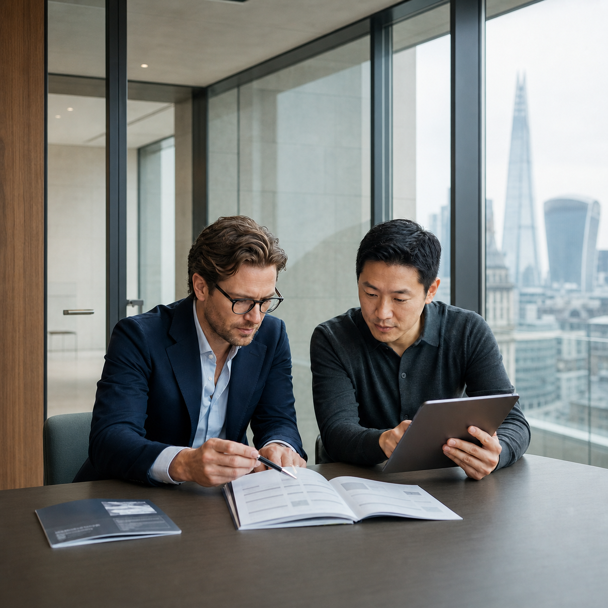Two professionals reviewing a published evaluation framework in a private glass meeting room