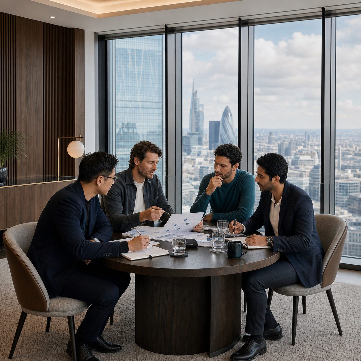 Modern European, East Asian and Middle Eastern trading and fintech professionals developing a partnership in an airy London setting