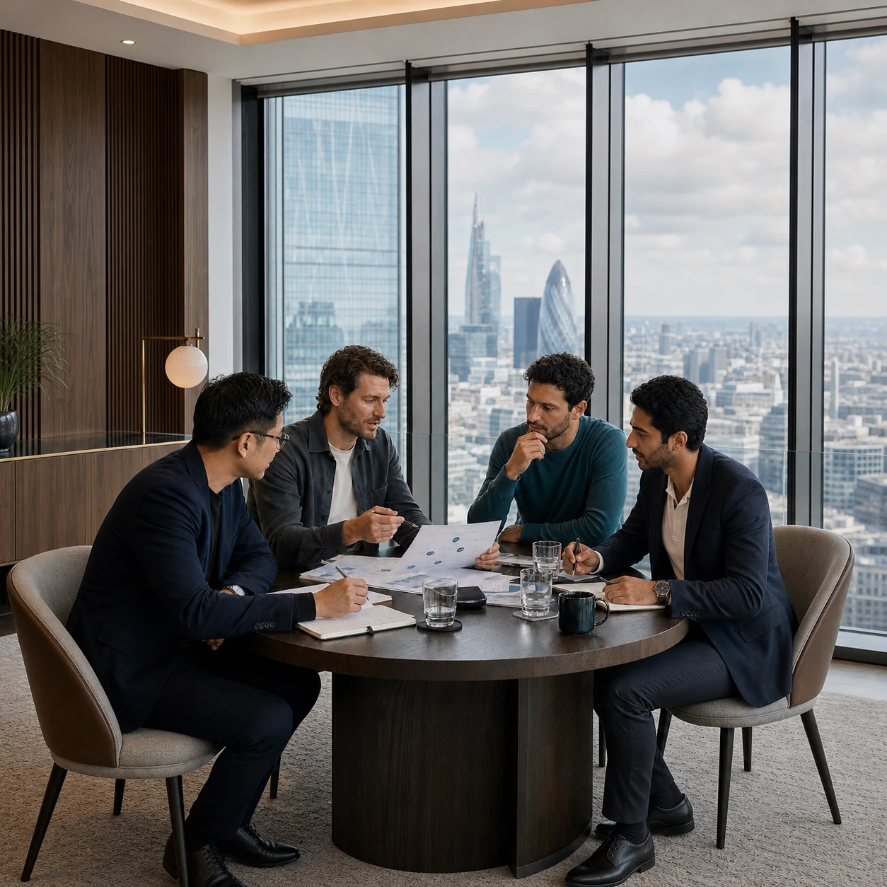 Modern European, East Asian and Middle Eastern trading and fintech professionals developing a partnership in an airy London setting