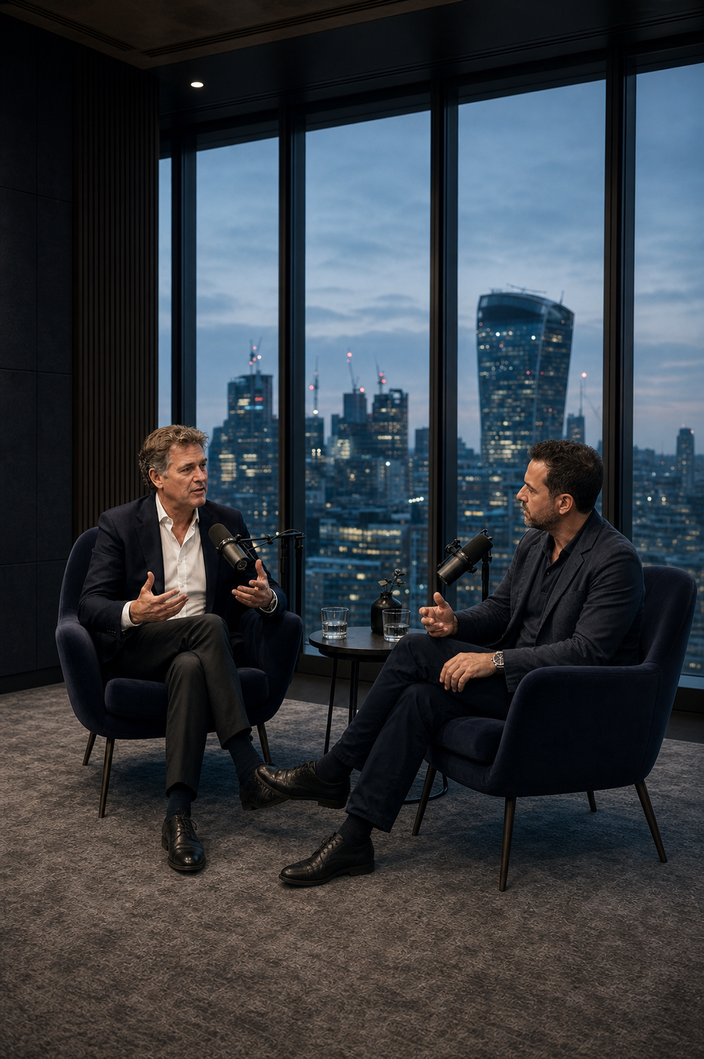 Two experienced financial professionals in a spacious long-form trading podcast conversation overlooking London