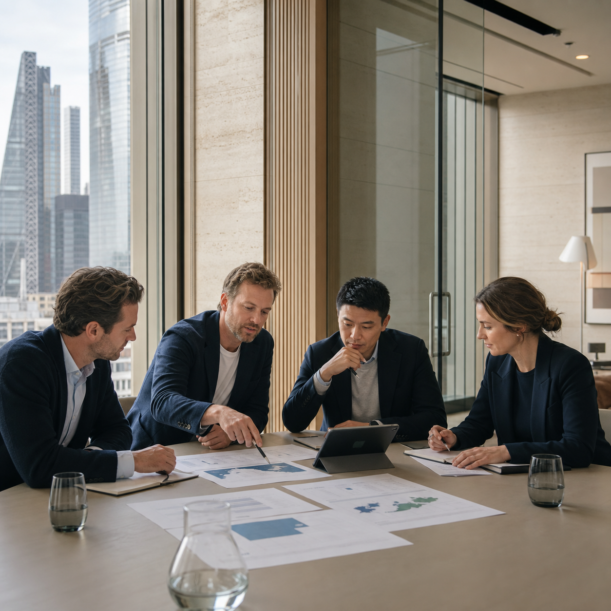 International professionals developing a regional partnership programme together in a private London project room