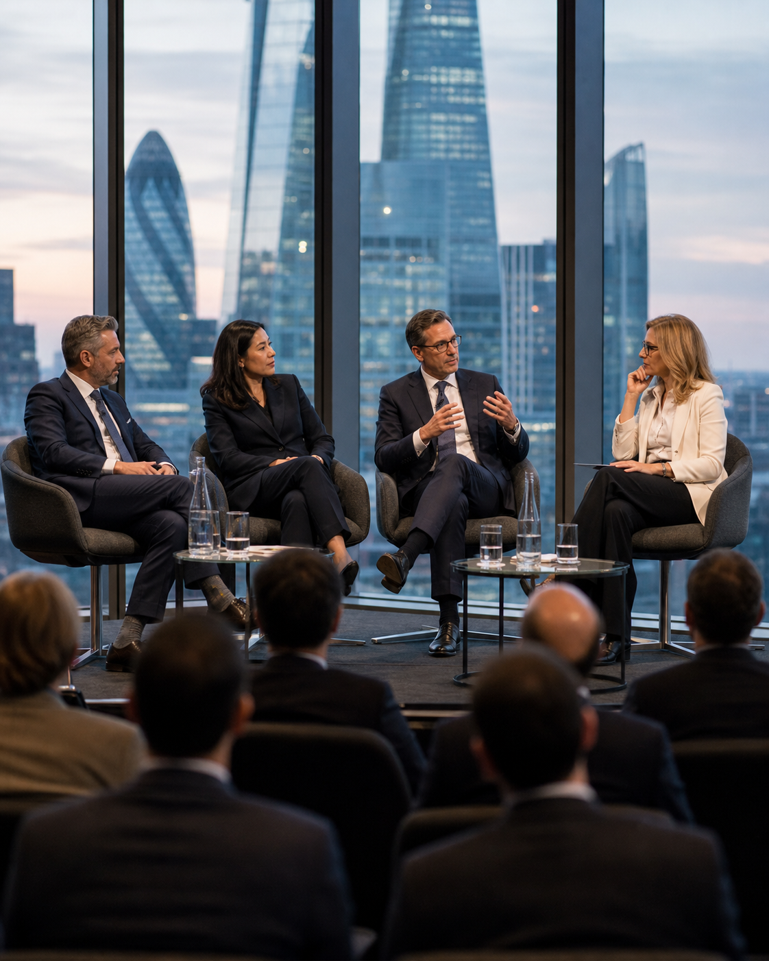 International financial professionals exchanging perspectives during a conference panel in London