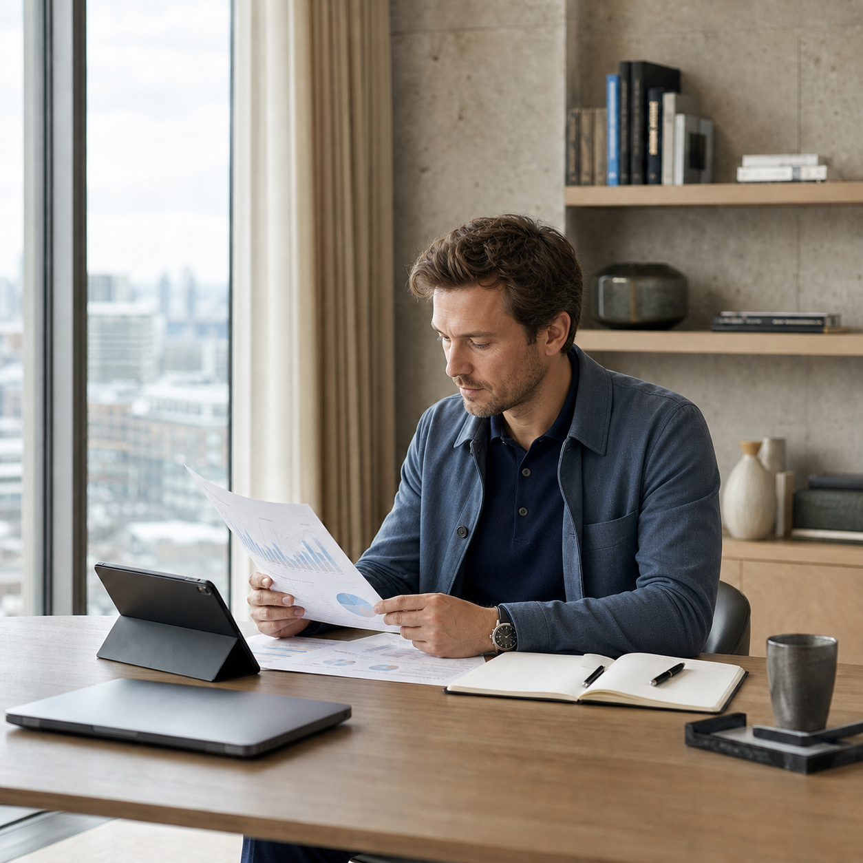 A European private market participant independently comparing financial research in a modern London study